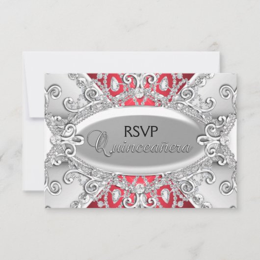 Zilveren & Rode Diamant Damask Quinceanera RSVP (Voorkant)