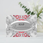 Zilveren & Rode Diamant Damask Quinceanera RSVP (Staand voorkant)