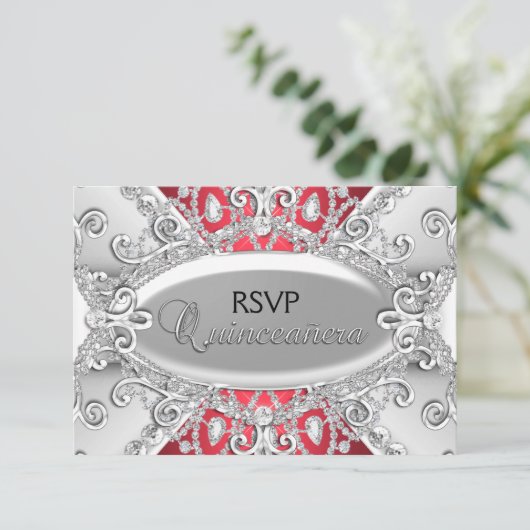 Zilveren & Rode Diamant Damask Quinceanera RSVP (Staand voorkant)