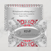 Zilveren & Rode Diamant Damask Quinceanera RSVP (Voorkant / Achterkant)