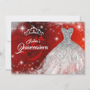 Zilveren rode kant diamanten kroon jurk Quinceaner Kaart