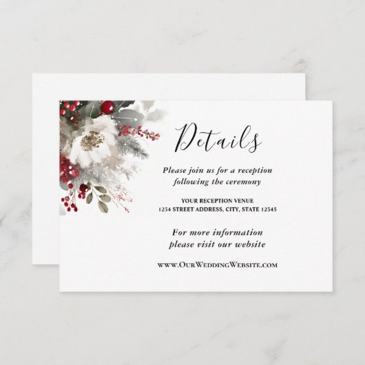 Zilveren Rode Kerst Winter Bloemen Huwelijk Informatiekaartje (Voorkant / Achterkant)