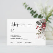 Zilveren Rode Kerst Winter Bloemen Huwelijk RSVP Kaartje (Staand voorkant)