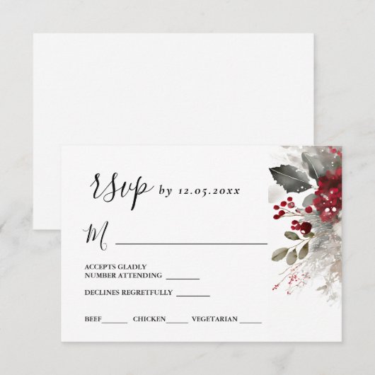 Zilveren Rode Kerst Winter Bloemen Huwelijk RSVP Kaartje (Voorkant / Achterkant)