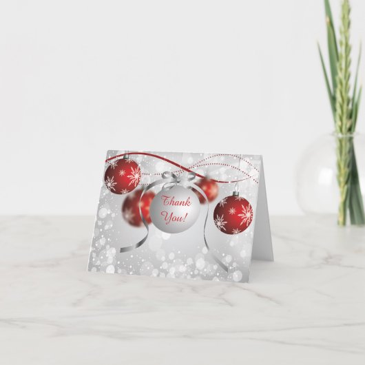 Zilveren & Rode Kerstmis van Bokeh van Ornamenten Bedankkaart (Voorkant)