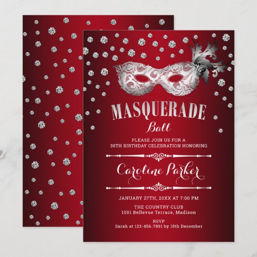 Zilveren Rode Masquerade Ball Verjaardagsfeest Kaart (Voorkant / Achterkant)