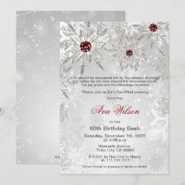 Zilveren Rode Sneeuwvlokken Winter 60ste Verjaarda Kaart