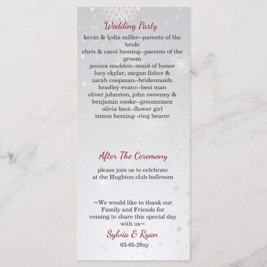 Zilveren rode sneeuwvlokken winter bruiloft progra programmakaart (Achterkant)