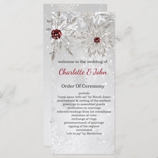 Zilveren rode sneeuwvlokken winter bruiloft progra programmakaart (Voorkant / Achterkant)