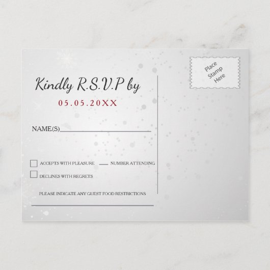 zilveren rode sneeuwvlokken winterbruiloft rsvp in uitnodiging briefkaart (Achterkant)