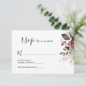 Zilveren Rode Winter Kerst Bloemen Huwelijk RSVP Kaartje (Staand voorkant)
