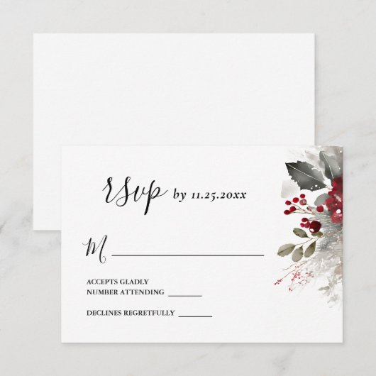 Zilveren Rode Winter Kerst Bloemen Huwelijk RSVP Kaartje (Voorkant / Achterkant)