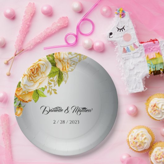 Zilveren Romance Golden Rozen Bruiloft Papieren Bordje (Feest)