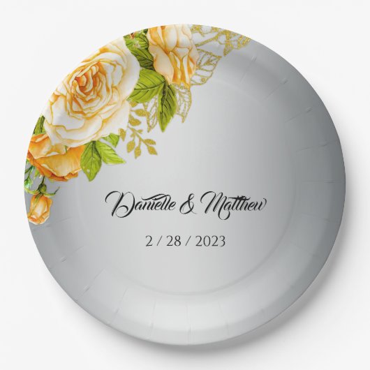 Zilveren Romance Golden Rozen Bruiloft Papieren Bordje (Voorkant)