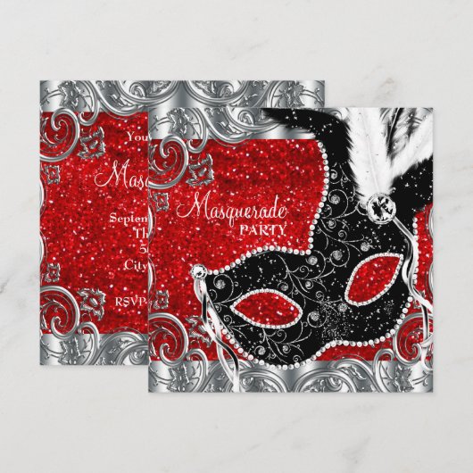 Zilveren rood en zwart masker Masquerade Party Kaart (Voorkant / Achterkant)