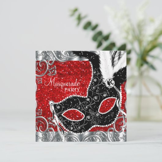 Zilveren rood en zwart masker Masquerade Party Kaart (Staand voorkant)
