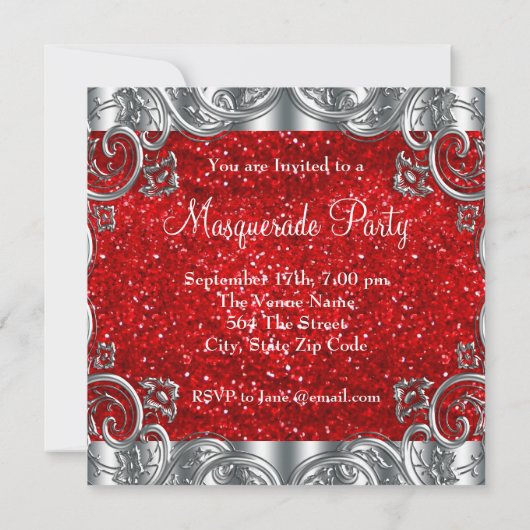 Zilveren rood en zwart masker Masquerade Party Kaart (Achterkant)
