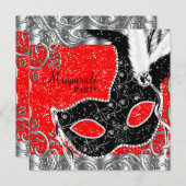 Zilveren rood en zwart masker Masquerade Party Kaart (Voorkant / Achterkant)