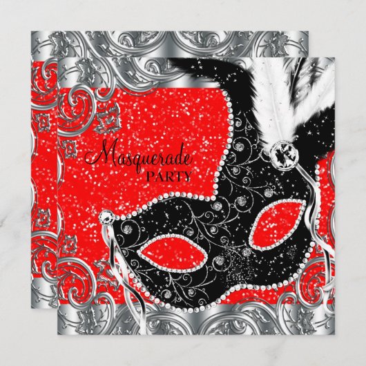 Zilveren rood en zwart masker Masquerade Party Kaart (Voorkant / Achterkant)
