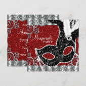 Zilveren rood en zwart masker Masquerade Party Kaart (Voorkant / Achterkant)
