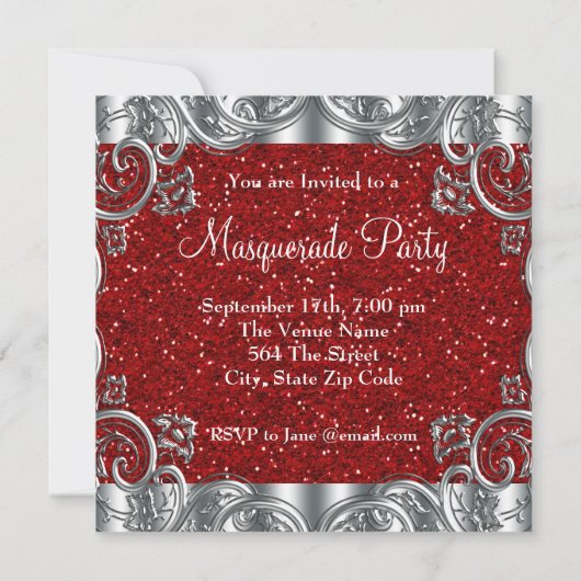 Zilveren rood en zwart masker Masquerade Party Kaart (Achterkant)