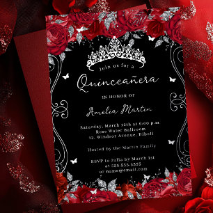 Zilveren Rood Swirl Scroll Bloemige Quinceanera Folie Uitnodiging