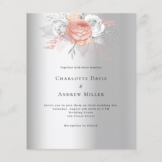 Zilveren roos gouden bloemen huwelijksuitnodiging (Voorkant)
