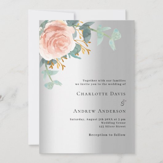 Zilveren roos gouden bloemeneucalyptus bruiloft kaart (Voorkant)