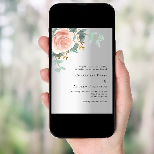 Zilveren roos gouden bloemeneucalyptus bruiloft kaart