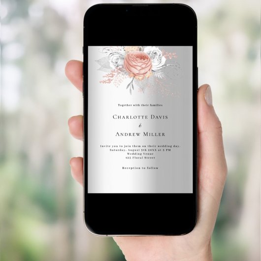 Zilveren roos gouden bloemige elegante bruiloft kaart