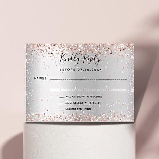 Zilveren roos gouden elegante bruiloft RSVP Notitiekaartje