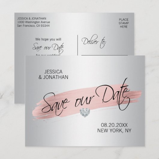 Zilveren Roos Gouden Folie Bruiloft SAVE OUR DATE Aankondigingskaart (Voorkant / Achterkant)