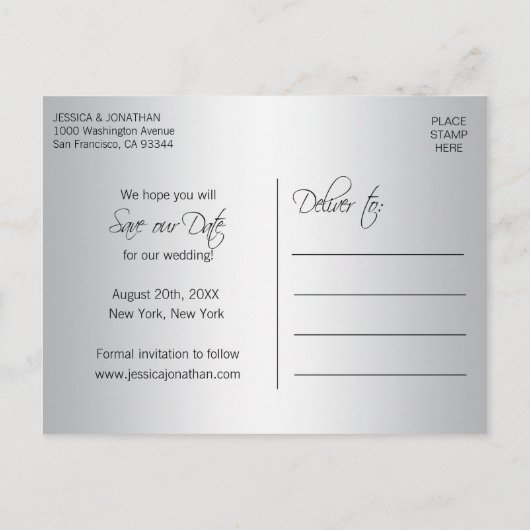 Zilveren Roos Gouden Folie Bruiloft SAVE OUR DATE Aankondigingskaart (Achterkant)