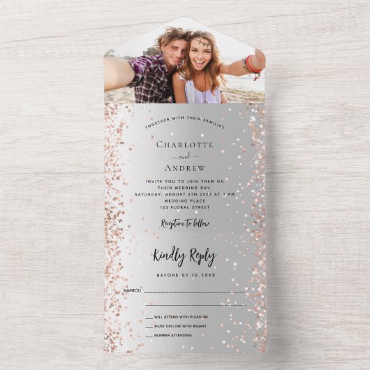 Zilveren roos gouden foto bruiloft all in one uitnodiging (Binnen)