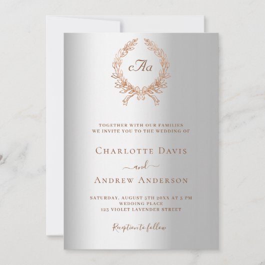 Zilveren roos gouden krans monogram bruiloft kaart (Voorkant)