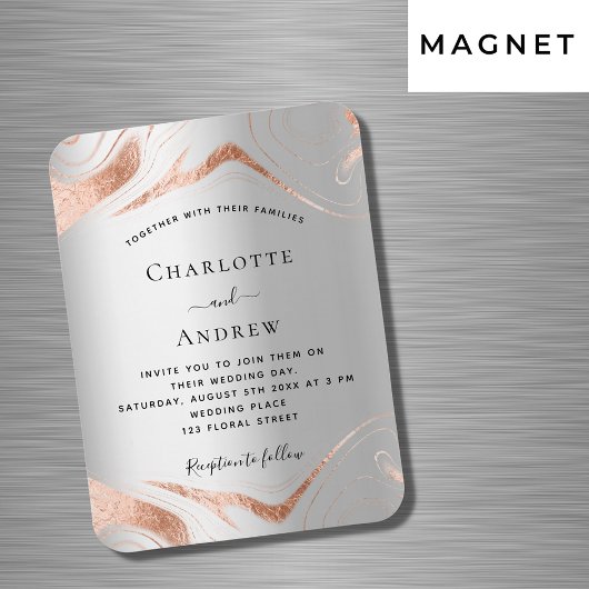 Zilveren roos gouden marmer luxe bruiloft uitnodig magneet