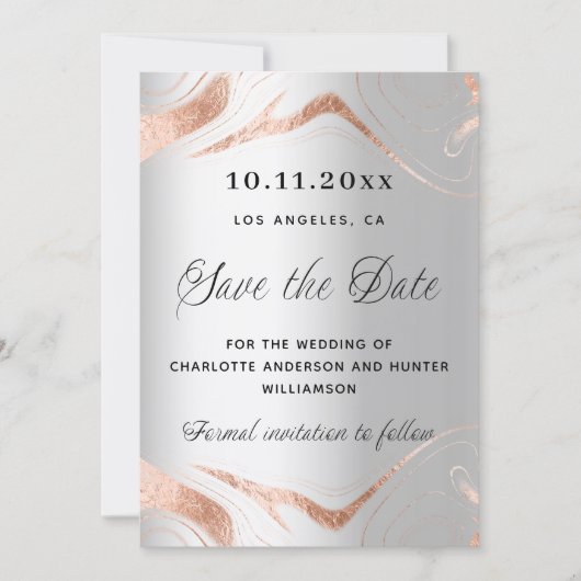 Zilveren roos gouden marmer moderne QR code bruilo Save The Date (Voorkant)