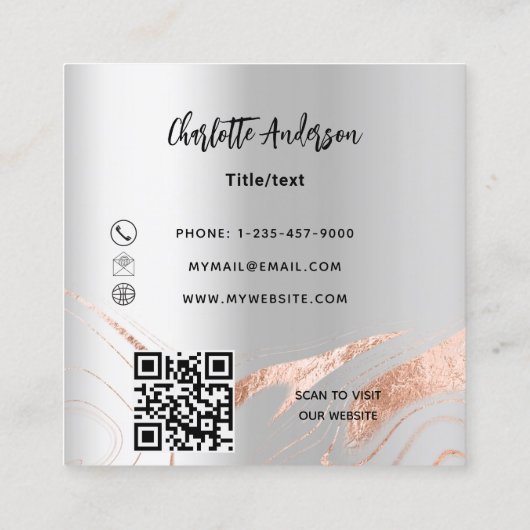 Zilveren roos gouden marmer QR code elegant Vierkante Visitekaartje (Achterkant)