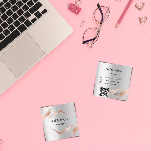 Zilveren roos gouden marmer QR code elegant Vierkante Visitekaartje