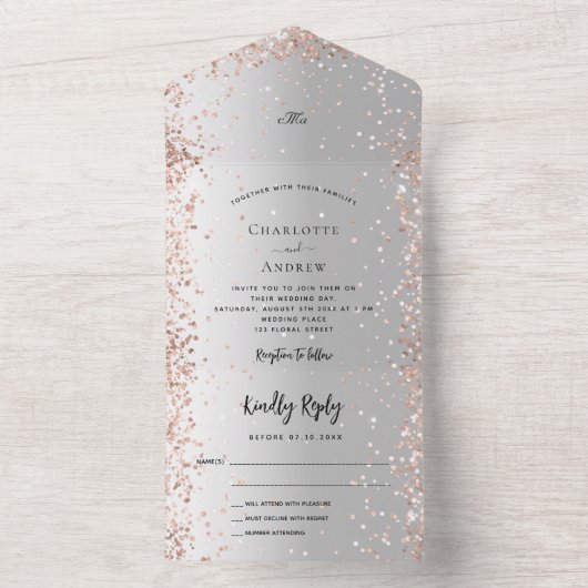 Zilveren roos gouden monogram bruiloft all in one uitnodiging (Binnen)