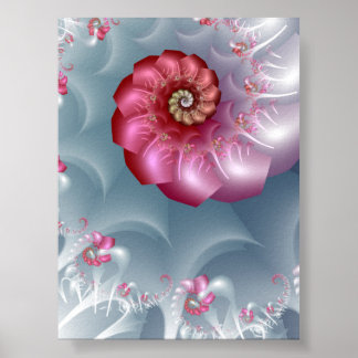 Zilveren Roos Spiraal Fractal in Roze en Grijs Poster