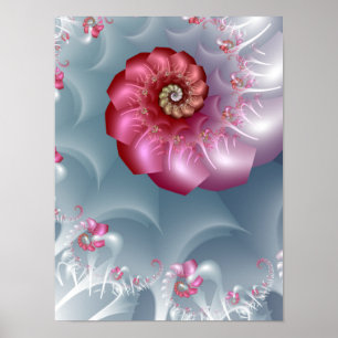 Zilveren Roos Spiraal Fractal in Roze en Grijs Poster