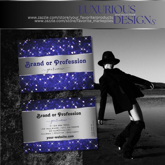 Zilveren Royal Blue Glitter Sparkle Stars Eleganti Visitekaartje