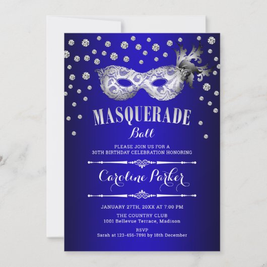 Zilveren Royal Blue Masquerade Ball Verjaardagsfee Kaart (Voorkant)
