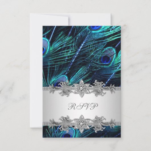 Zilveren Royal Blue Peacock Wedding RSVP (Voorkant)
