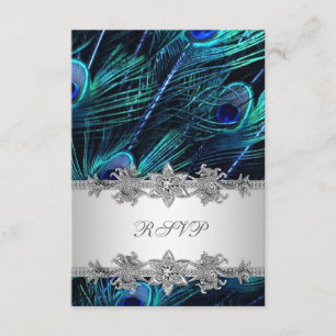 Zilveren Royal Blue Peacock Wedding RSVP Kaartje
