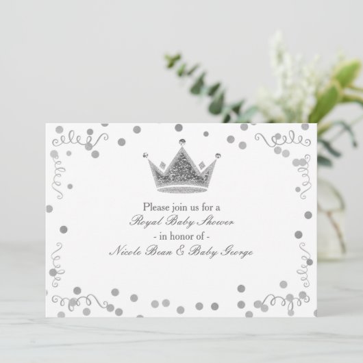 Zilveren Royal Crown & Confetti Party Uitnodiginge Kaart (Staand voorkant)