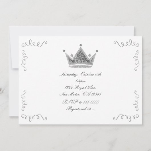Zilveren Royal Crown & Confetti Party Uitnodiginge Kaart (Achterkant)