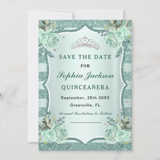 Zilveren Royal Green Quinceanera Save The Date (Voorkant)