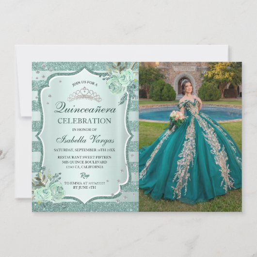 Zilveren Royal Green Quinceanera Verjaardagsfoto Kaart (Voorkant)